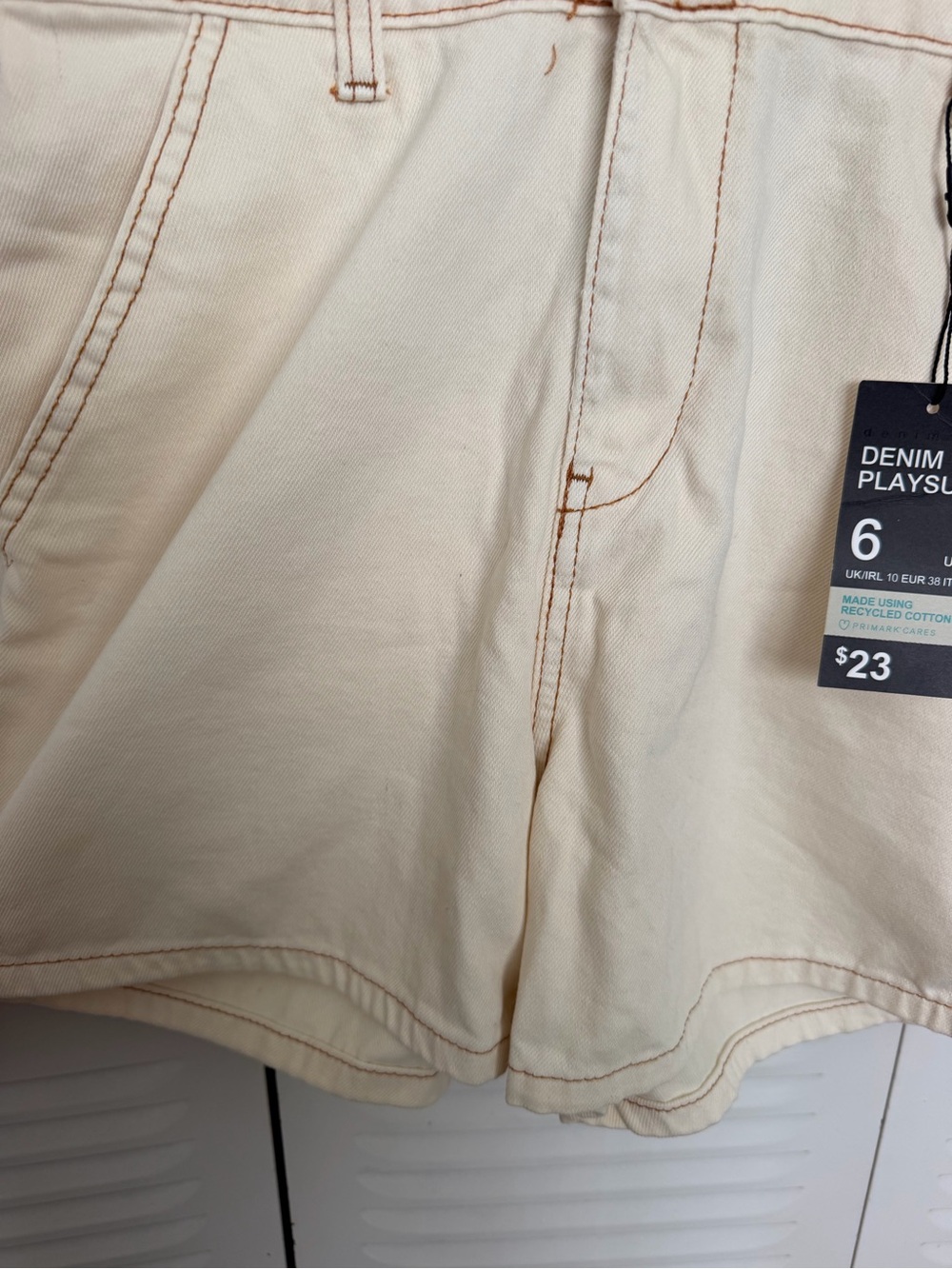 Denim&Co Cream Short-Sleeve Denim Romper - Picture 2 of 6